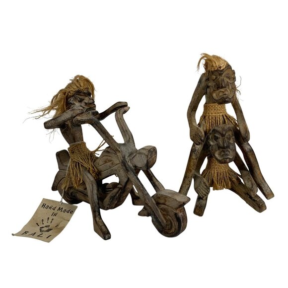 Handmade Wooden Figurines Set - Tiki Tribal Men Biker/Acrobatic Design From Bali - Picture 1 of 8